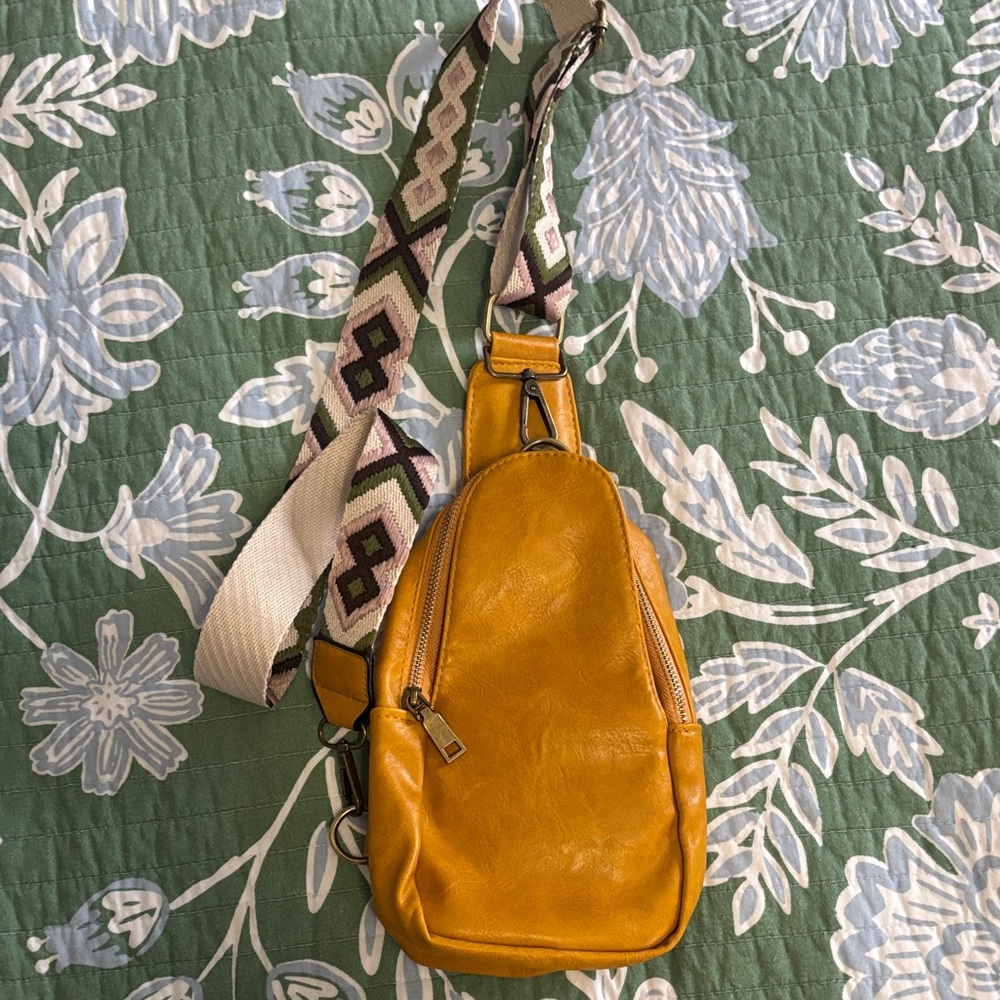 Mustard Leather Crossbody Bag with Patterned Strap - Picture 2 of 7